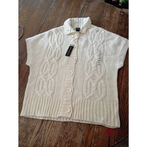 New Lauren Hansen Ivory Knit Sweater Womens Large Button Front Short Sleeve